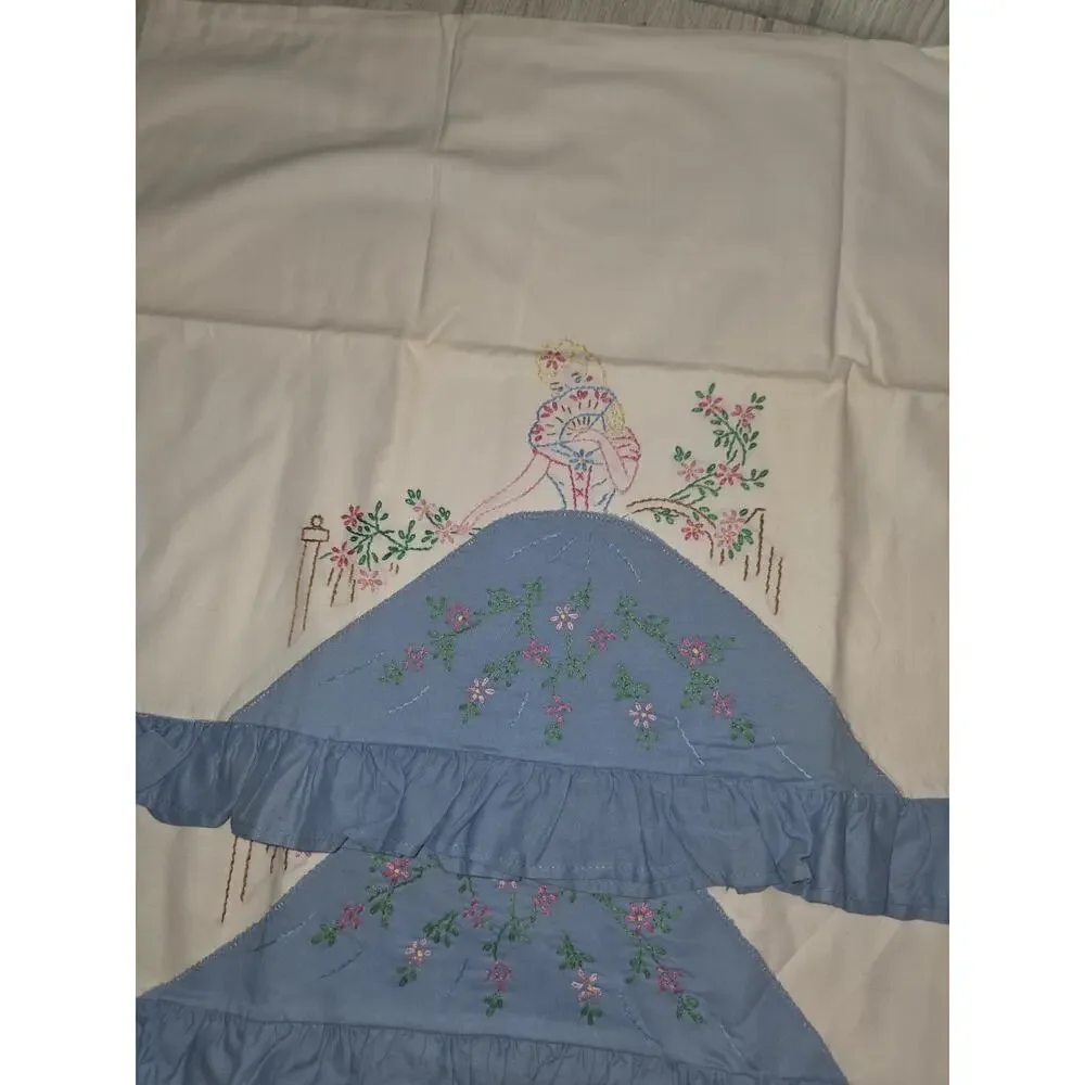 Vintage Hand Painted Embroidered Victorian Lady Pillowcase Pair Blue White Read